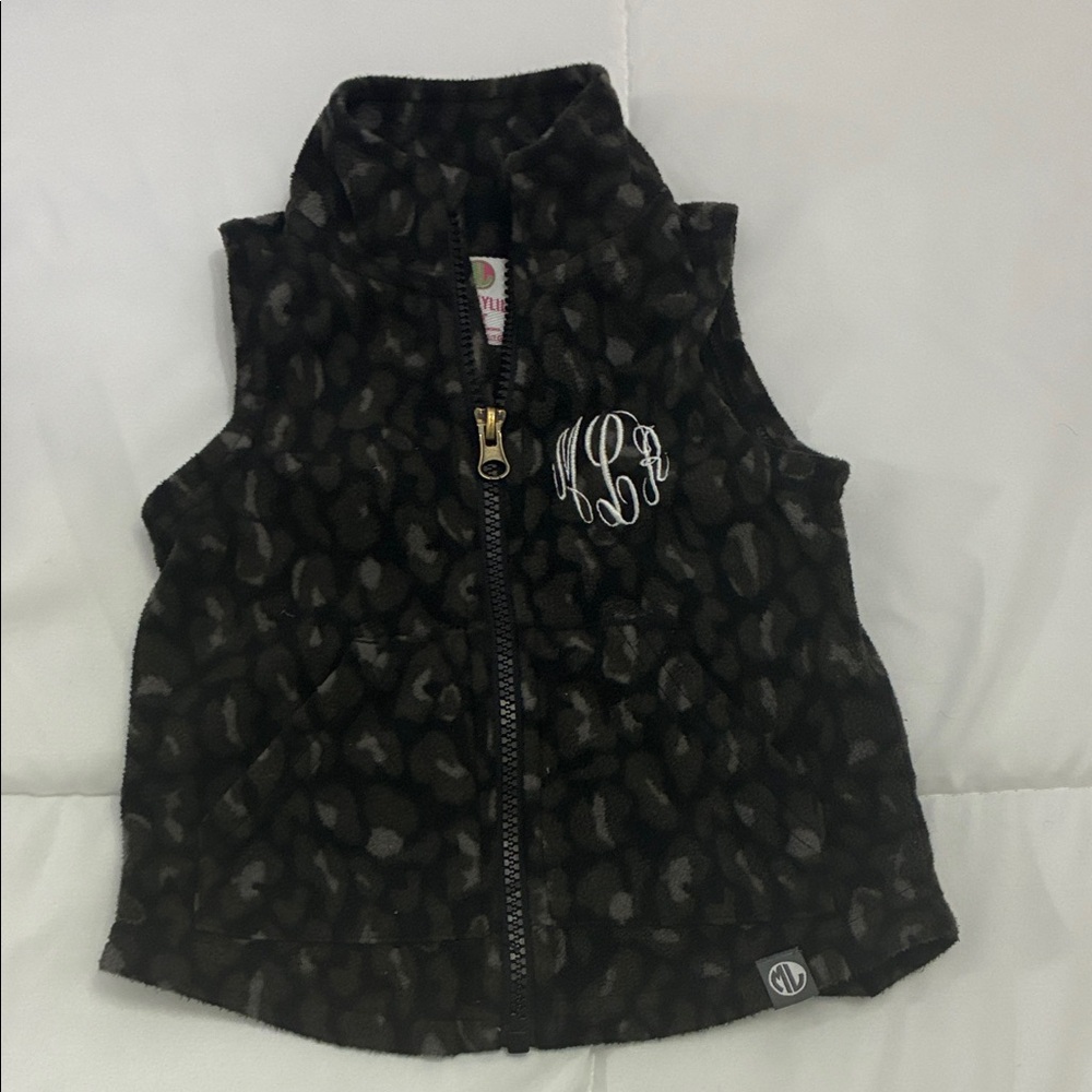 Monogrammed Girls' Black Leopard Print Fleece Vest